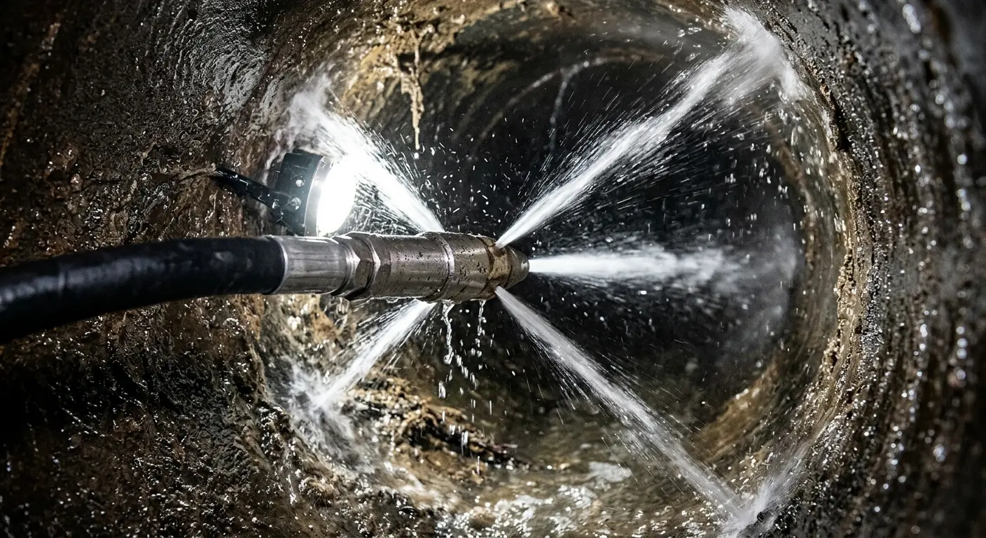 High-pressure hydro jetting nozzle cleaning sewer pipe for Trenchless Sewer Repair in Ambler