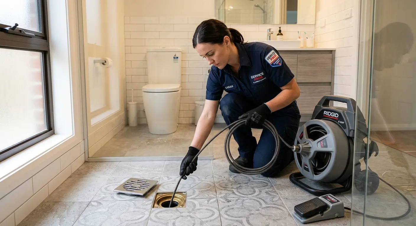 Technician clearing a bathroom floor drain for Sewer Line Installation in Ambler